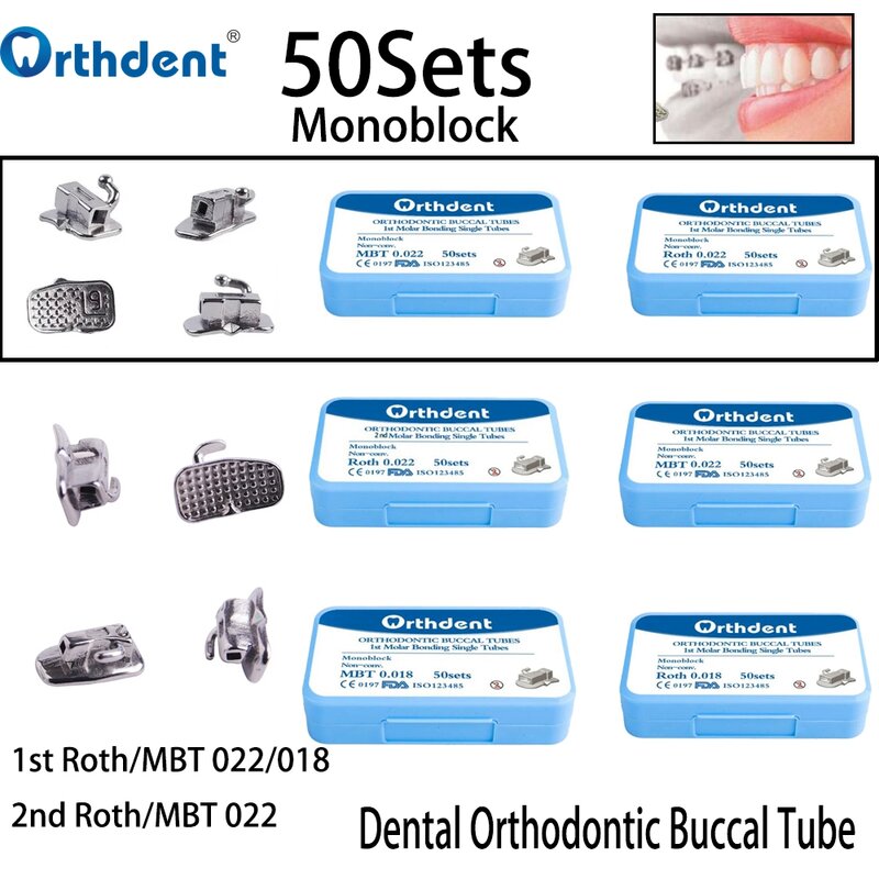 치과 교정 접착 협측 튜브 모노 블록, 단일 1, 2, 어금니 비전환 로스 MBT 0.022/018 치과 도구, 50 세트