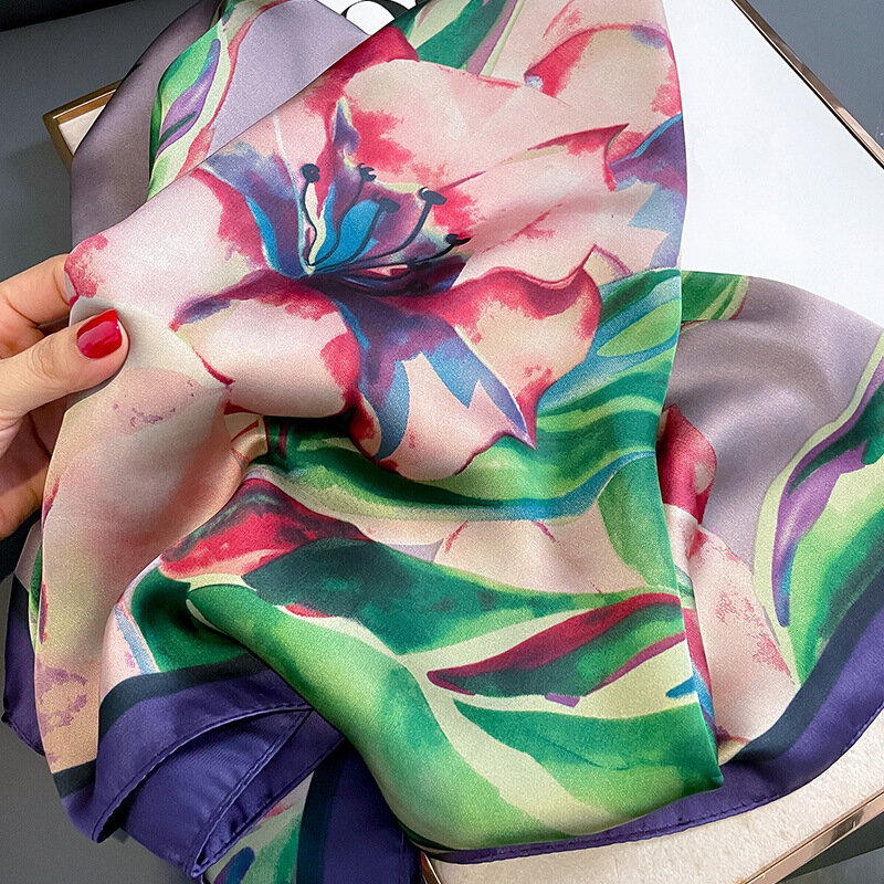 وشاح الحرير Lrage العلامة التجارية الفاخرة للنساء ، طباعة شعبية ، الحجاب الدافئ ، تصميم الأزياء ، شال الانتهاء من الساتان ، أربعة مواسم ، 180x90cm