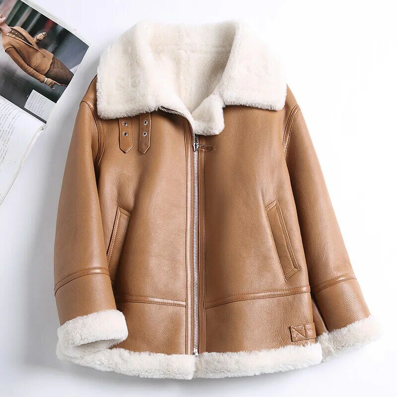 2023 New Winter Warm Women Shearing Leather Jackets Coats  Solid Simple Sheepskin Double Face Leather Overcoat Pockets MH3889L