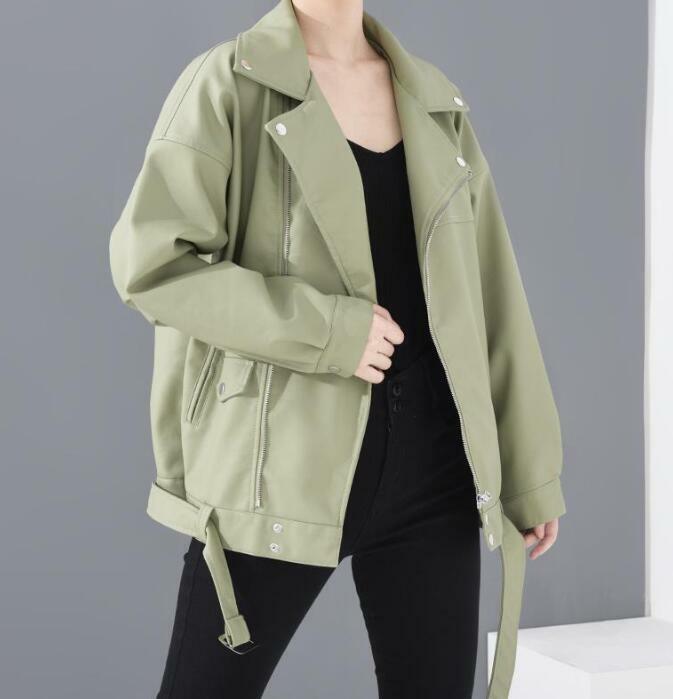 VXO Green Faux Leather Jackets Women Short Vintage Leather Outwear Student Loose PU Leather Jacket With Detachable Belt