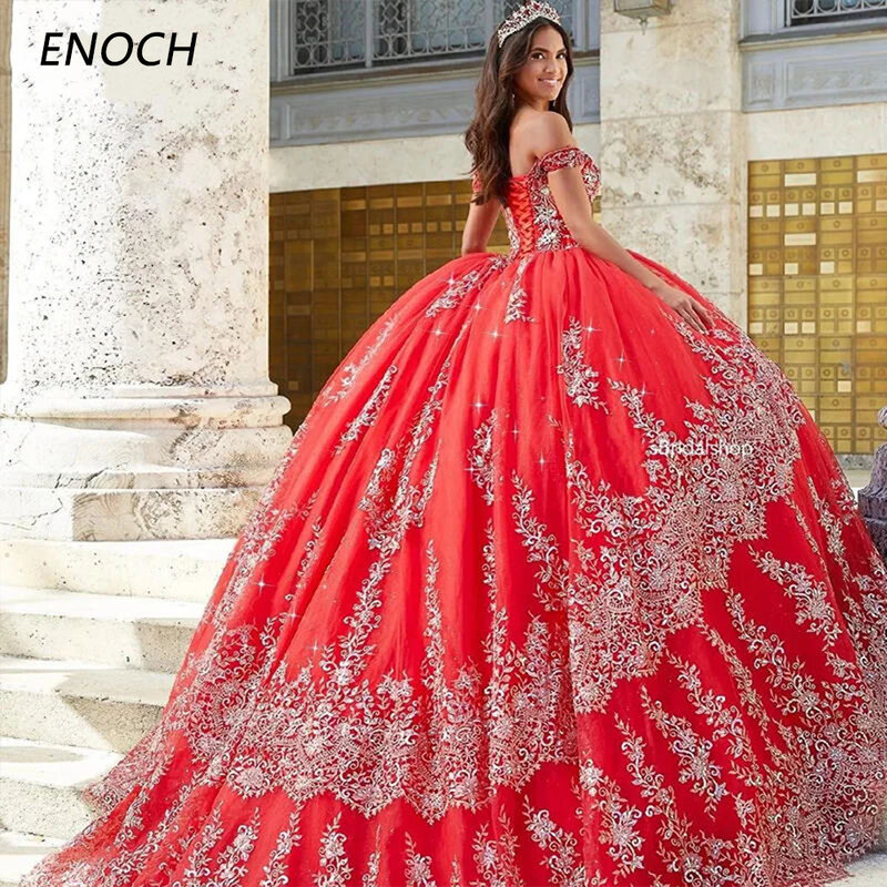 Enoch ชุดเจ้าหญิง quinceanera ที่สวยงาม appliques เปิดไหล่ลายลูกไม้ด้านหลังปาร์ตี้ vestido de 15ชุดไปงานเต้นรำ