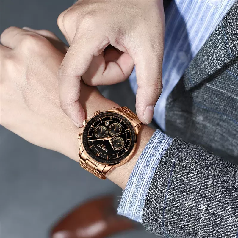 NIBOSI-Reloj de pulsera deportivo de lujo para hombre, resistente al agua, con fecha luminosa, de cuarzo y acero inoxidable, + caja