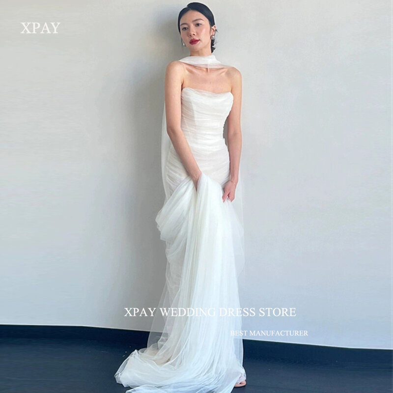 Xpay ชุดแต่งงานแบบเกาหลีไม่มีสายผ้าบางเนื้อละเอียดผ้าพันคอยาวถึงพื้นชุดเจ้าสาวออกแบบได้ตามที่ต้องการ
