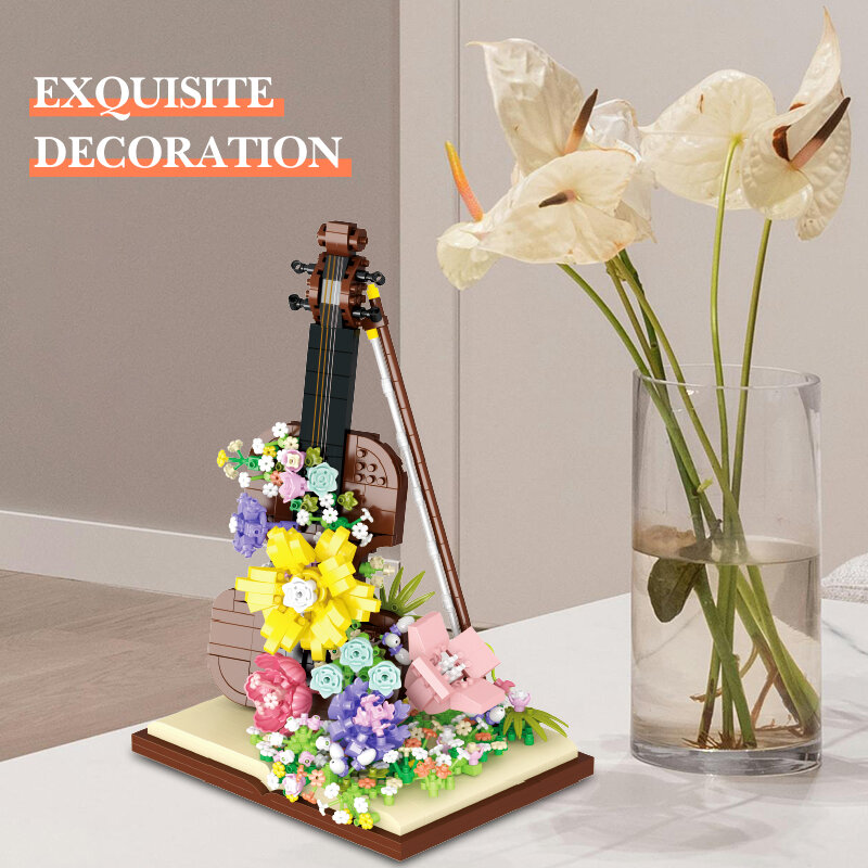 바이올린 빌딩 블록, 영원한 꽃 장난감 장식, DIY 꽃 모델 악기 빌딩 블록, 창의적인 선물