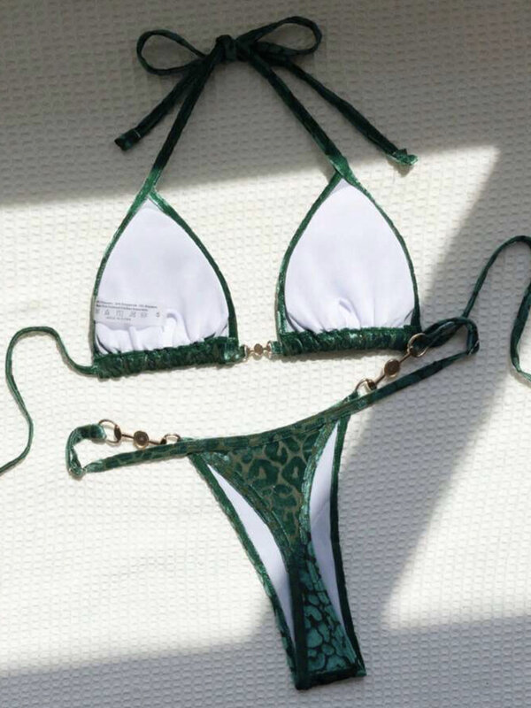Bikini en velours léopard pour femme, maillot de bain sexy, mini micro string, ensemble deux pièces, licou, bain trempé