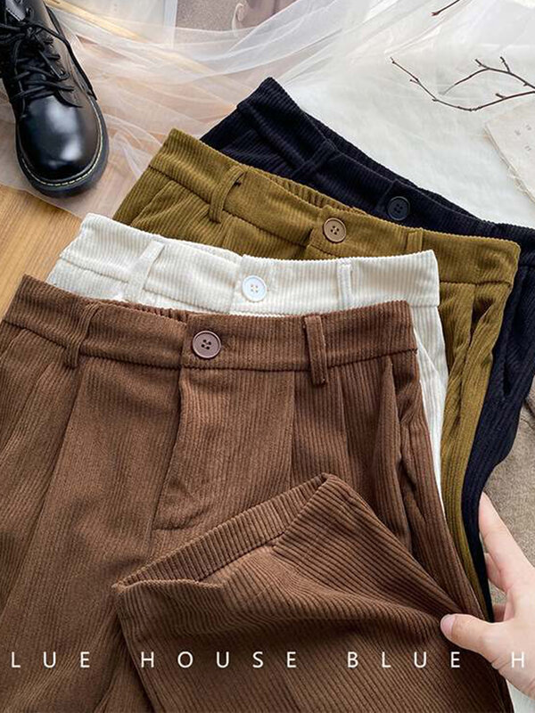 ZOKI-Calças retrô de veludo de cintura alta feminina, comprimento total, vintage, bolsos de café, outono, novo