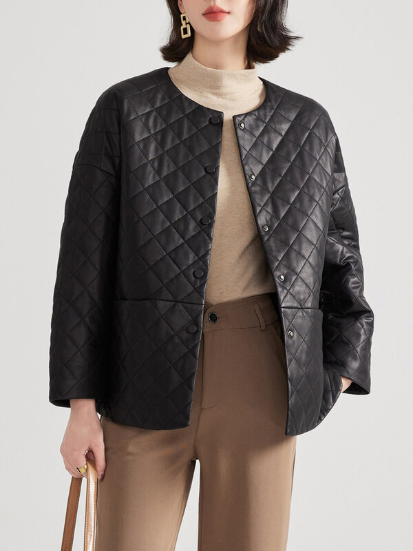 AYUNSUE-고품질 진짜 가죽 자켓 여성용 느슨한 양피 코트, 마름모 코튼 코트 얇은 가죽 자켓 abrigos