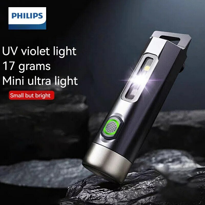 Philips senter portabel terbaru, lampu UV LED dapat diisi ulang, Senter berkemah Mini untuk mendaki pertahanan diri