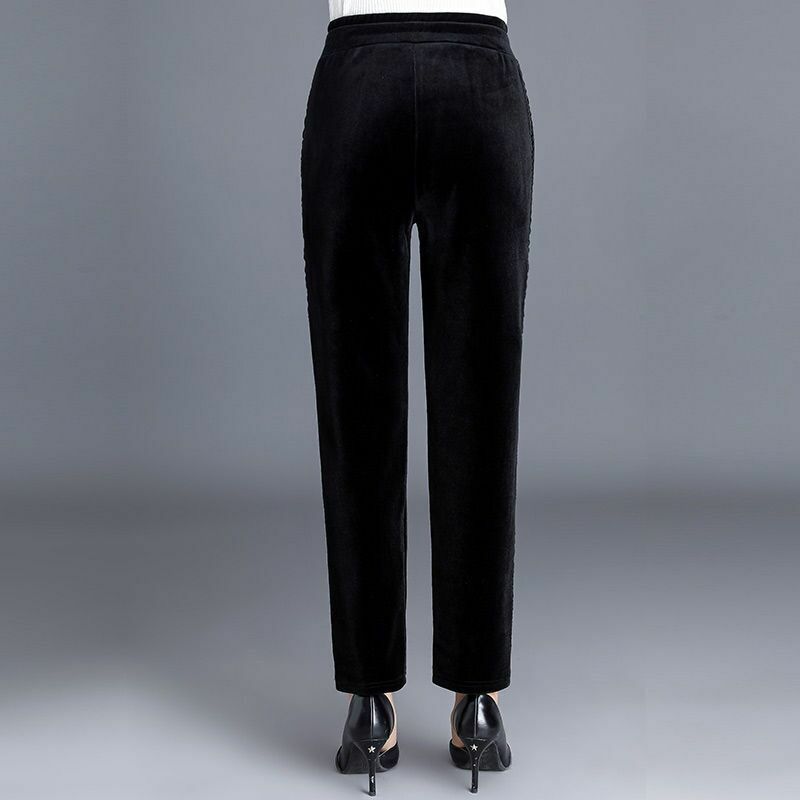 Middle-aged Women Gold Velvet Straight Pants 2024 Autumn Winter Loose Solid High Waist Pants Warm Thicken Trousers 4XL