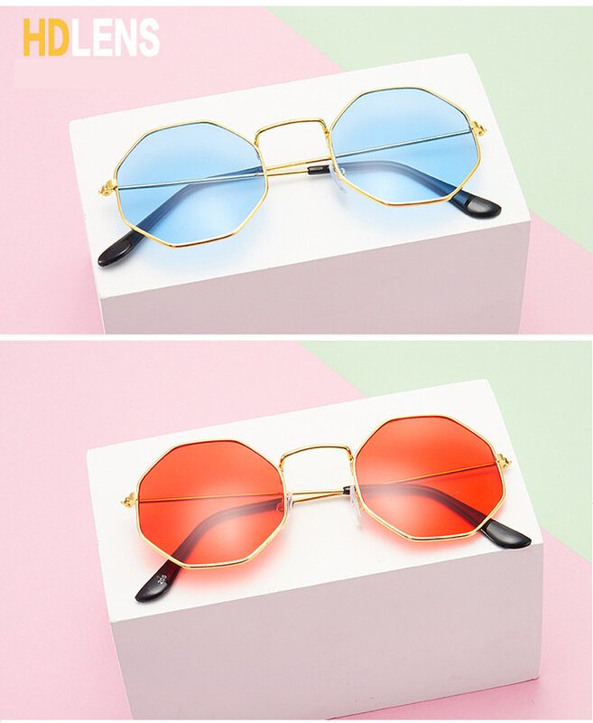 Occhiali da sole con montatura in lega ottagonale Vintage in stile coreano occhiali da sole con lenti colorate con montatura rotonda retrò occhiali da sole