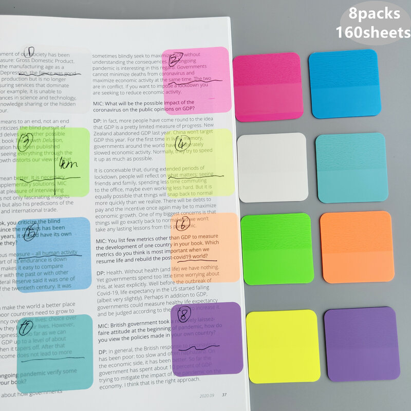 160 시트 8 색 투명 스티커 메모, 스크래치 스티커 메모장 종이 투명 메모장 학교 문구 사무용품