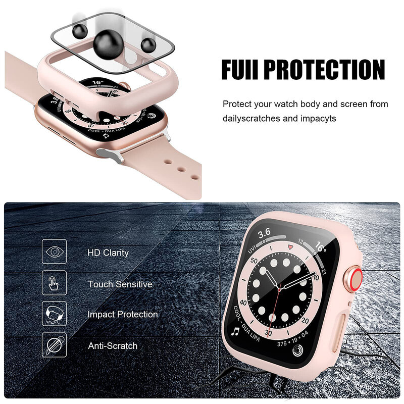 Protector de pantalla de cristal templado y funda para Apple watch, 45mm, 41mm, 44mm, 40mm, 42mm, accesorios para Apple Watch serie 9, 4, 5, 6, SE, 7, 8