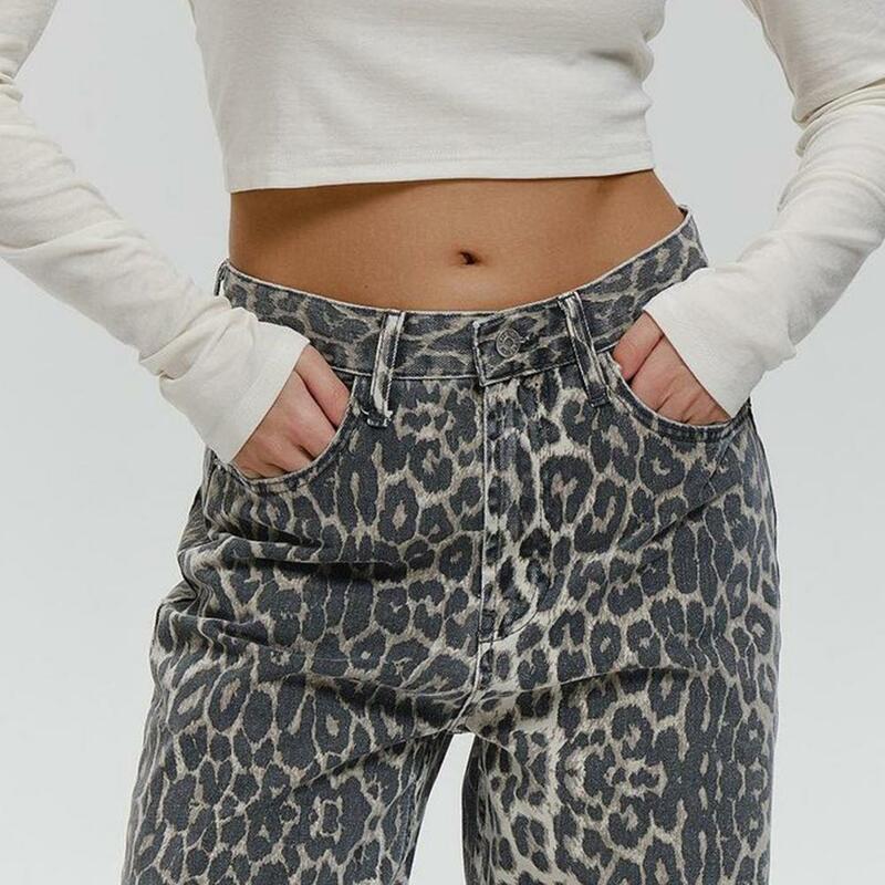 Pantalones vaqueros holgados de leopardo para mujer, pantalones de mezclilla de pierna ancha de cintura alta, ajustados, informales, de gran tamaño, a la moda, Primavera