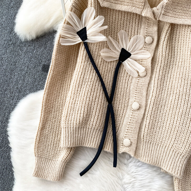 Suéteres con apliques florales en 3D para mujer, chaquetas de punto de un solo pecho, cuello vuelto, abrigos de punto femeninos versátiles, moda de invierno