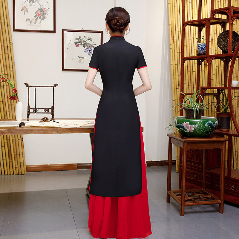 Robe Qipao noire Aodai pour femmes, de haute qualité, 5XL, 4XL, Qipao traditionnelle chinoise, imprimée à fleurs, Cheongsam, nouveauté, robe de soirée formelle chinoise