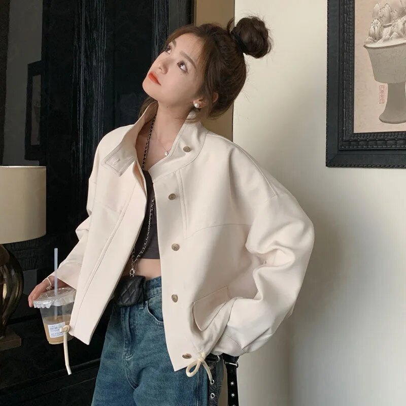 2024 Women Stand-up Collar Leisure Tops Coat Korean Lady Versatile Work Clothes Outerwear Spring Female Short Long Sleeve Jacket