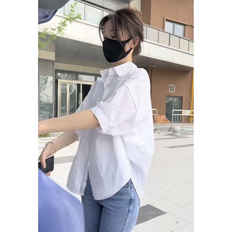 Cotton Mid-sleeve Thin Woman Blous Shir 2024 Summer New Loose Fashion Irregular Shirt Casual Vacation Top Korean Women's Clothes