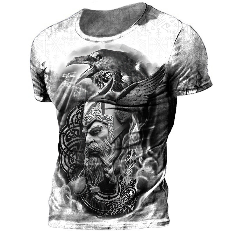 Camisetas con estampado 3D de tatuaje vikingo Retro para hombre, Tops informales holgados de manga corta con cuello redondo, Odín de verano, camisetas de gran tamaño