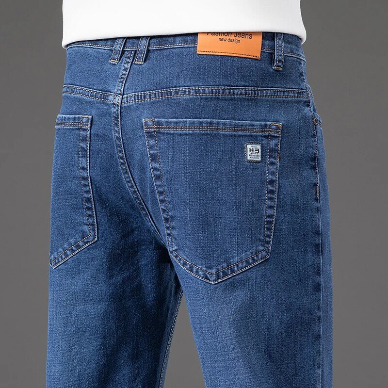 2024 модные деловые повседневные Прямые Стрейчевые джинсовые брюки, мужские брендовые новые синие джинсы, классический стиль