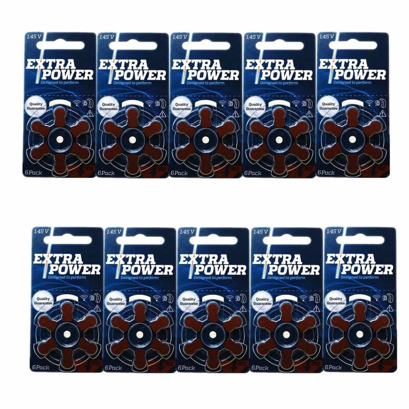 Box of Extra Power Hearing Aid Batteries Size 312 A312 1.45V Brown PR41 Zinc Air (60 battery cells)