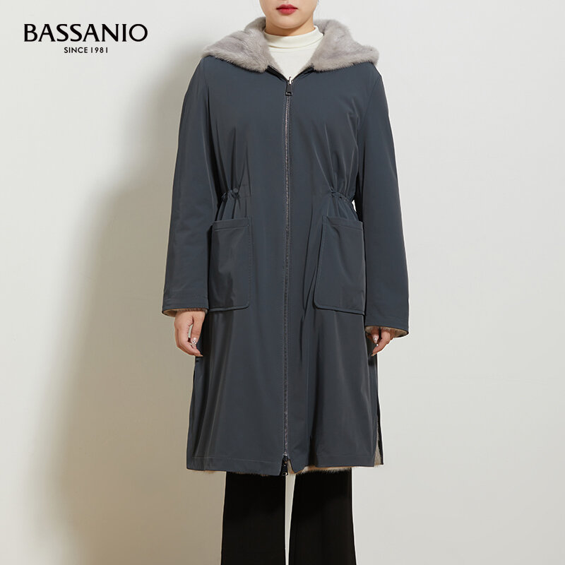 Long Women Winter Warm Mink Fur Coat Reversible Hooded Outwear