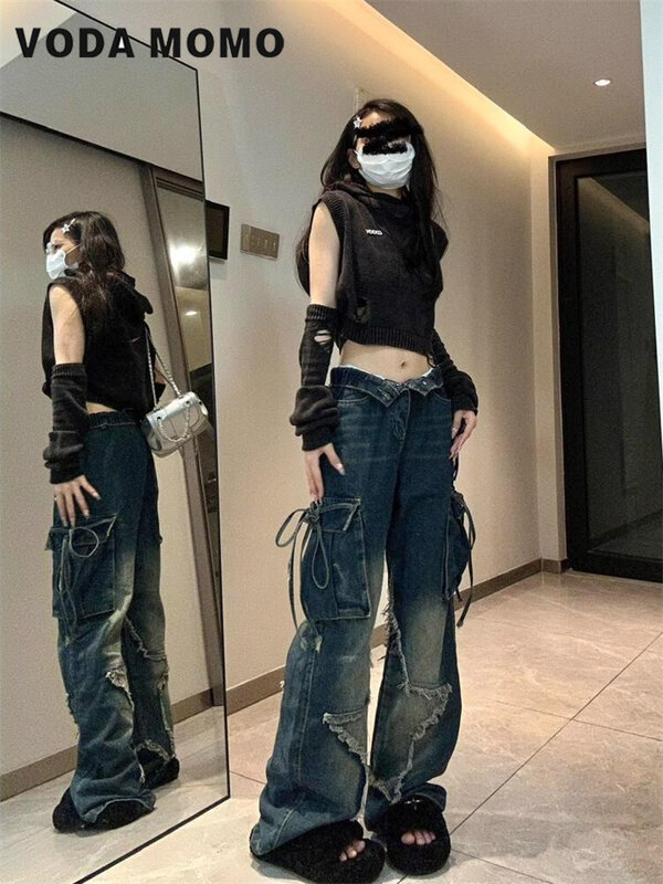 Jeans folgados góticos femininos, calça jeans personalizada, estilo hip-hop vintage, moda gótica versátil, estética Harajuku Y2k