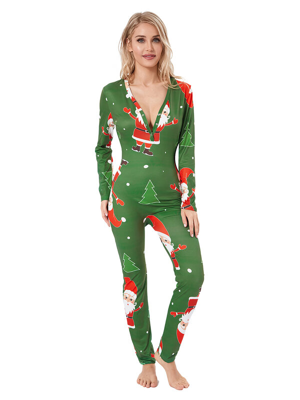 Women Christmas Pajama Print V Neck Long Sleeve Jumpsuits Loungewear Sleepwear Nightwear