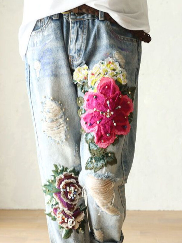 Calças jeans bordadas florais femininas, jeans elegantes para senhoras, calças harém femininas, soltas, casuais, verão, novo, moda, 2024