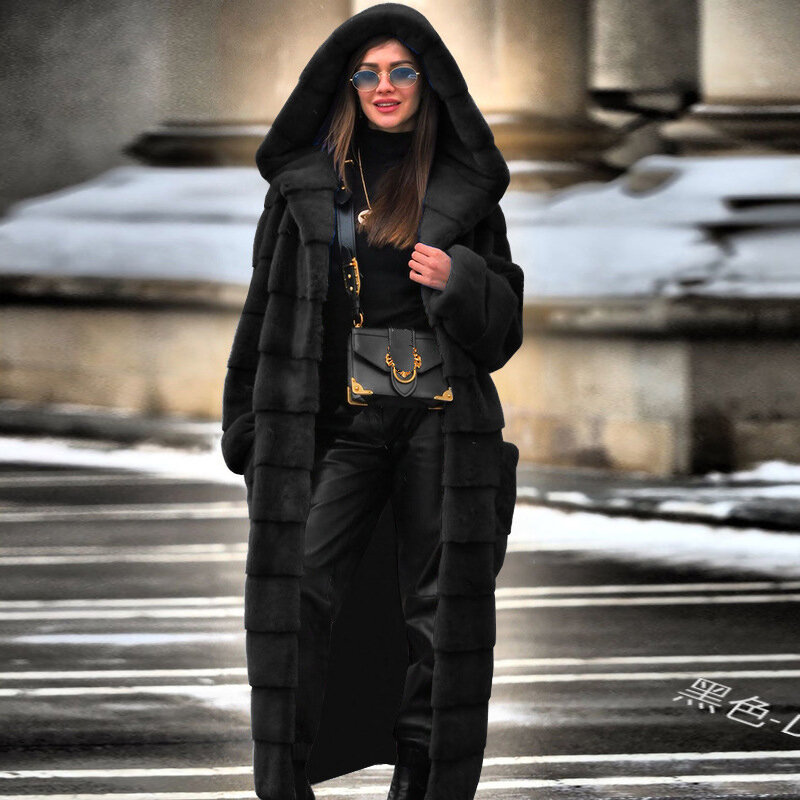 Chaqueta de piel sintética con capucha para mujer, abrigo largo y cálido con pelo de conejo, informal, ajustado, para invierno