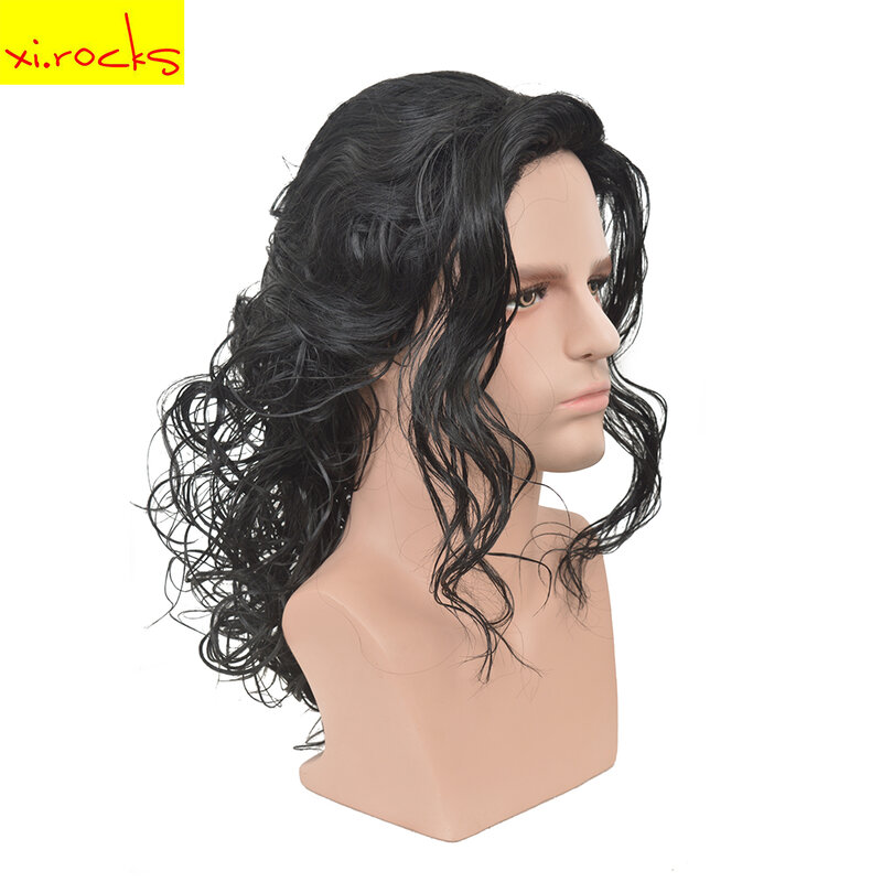 Peruca preta Michael Jackson Cosplay, Xi-Rocks, AD3499, médio, longo, cabelo encaracolado, dramatização, Dia das Bruxas, perucas de Cos