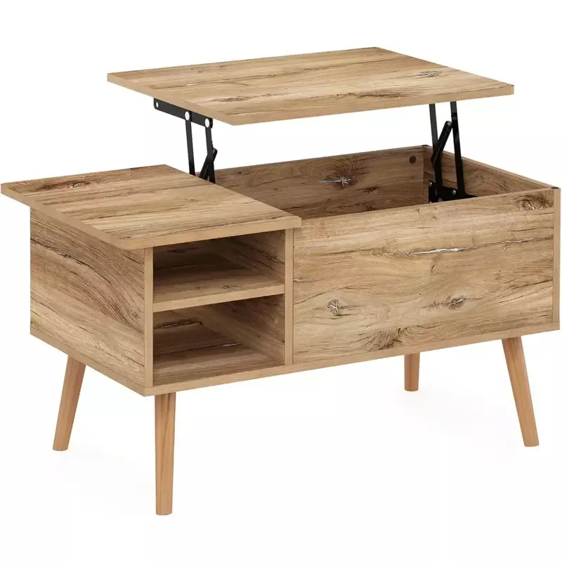 Журнальный столик с деревянными ножками, приподнятым верхом, со скрытым отсеком и боковыми полками для хранения гостиной
