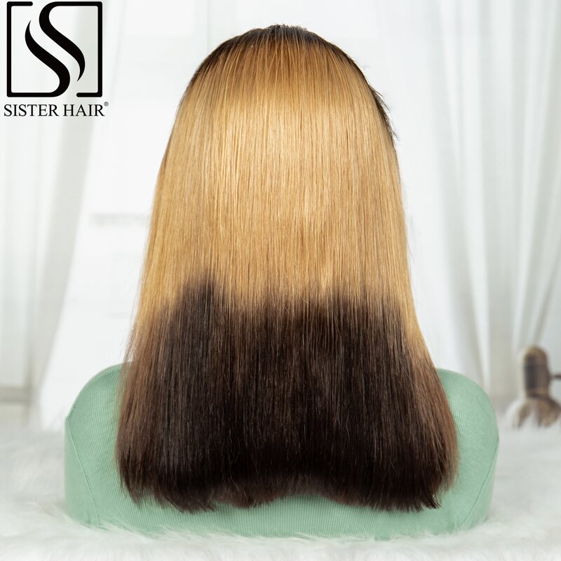 Peruca curta reta Bob, cabelo brasileiro pré-arrancado, densidade de 180%, T4-27-4 Color, peruca de cabelo humano, laço 2x6