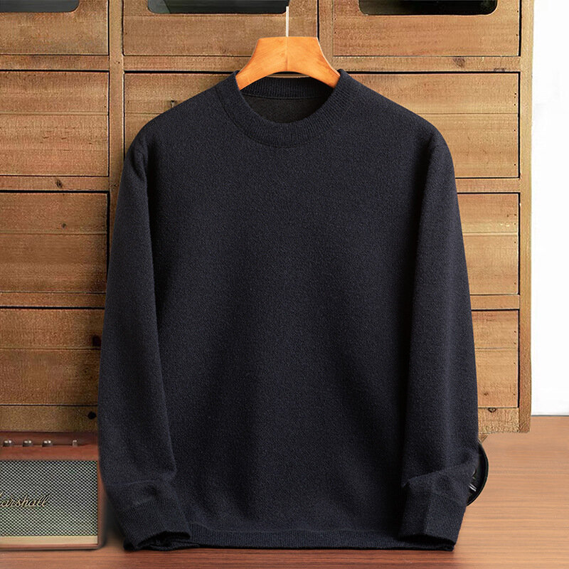 Autumn Winter Men's Round Neck Solid Flocking Screw Thread Formal Lantern Long Sleeved Sweater Knitted Bottom Casual Loose Tops