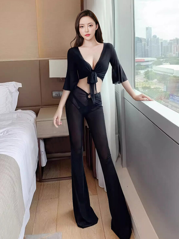 Night club perspective mesh black sauna technician suit KTV Jiali nightclub set pants two-piece evening dress prom dresses