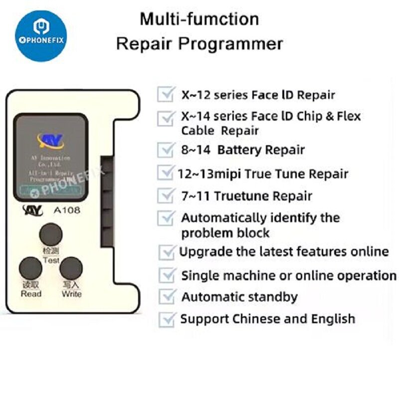 AY-programador de pantalla A108 para iPhone y X-15 Pro Max, caja de herramientas de batería de reparación de placa LiDAR para cámara trasera, auricular de tono verdadero