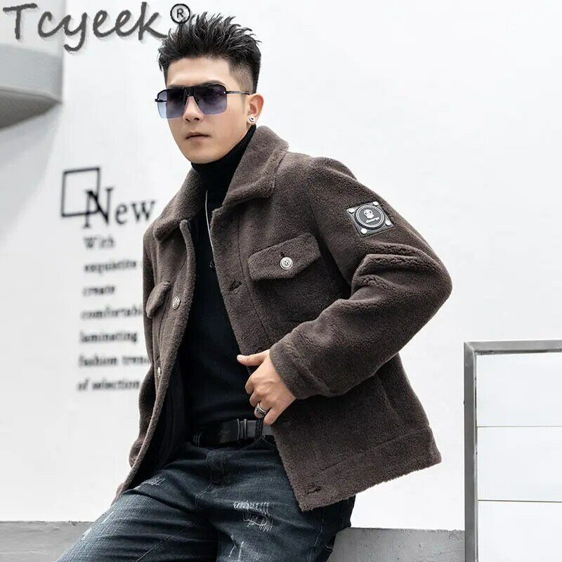 Tcyeek jaket bulu domba Streetwear pria, jaket bulu domba Fashion bahan wol berserat, mantel bulu asli hangat musim dingin untuk pria