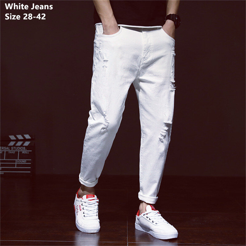 Ripped White Denim Distressed Mens Pants Cowboy Holes Black Fashion Plus Size 42 40 38 Ankle Length Trousers Big Loose Jeans
