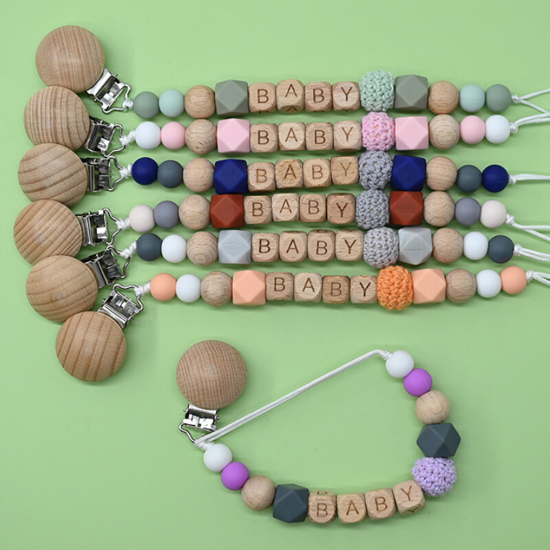 Personalized Name Pacifier Clip Silicone Beads Bead Dummy Holder for Baby Chain Soother Chains Wooden Clips Teething Chew Toy