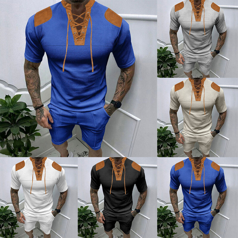 남성용 편안한 패션 세트, 여름 티셔츠 운동복, V 넥 캐주얼 컬러 블록, 편안한 폴리에스테르 정사이즈