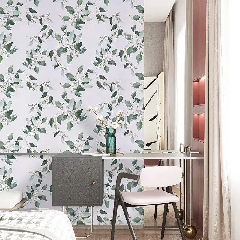 Wallpaper vinil hijau daun, kertas dinding kupas dan stik berperekat kertas kontak dapat dilepas tahan air untuk renovasi furnitur
