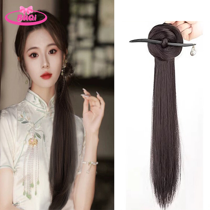 BUQI-peluca China Hanfu para niña, extensión de cabello con palitos de madera de ébano, horquillas, moño integrado, coleta