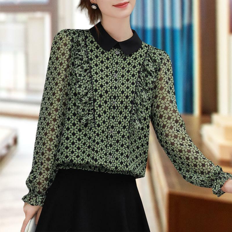 Thin Turn-down Collar Solid Color Printing Blouses Floral Pullovers Simplicity Women's Clothing Elegant Spring Summer Casual