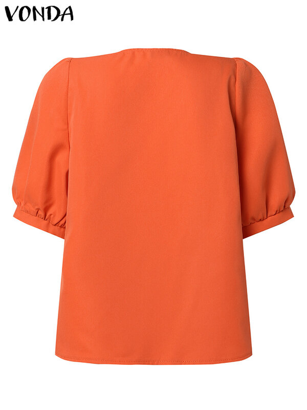 Блузка VONDA женская с V-образным вырезом, пикантный Повседневный Топ с коротким рукавом-фонариком, однотонная модная Свободная рубашка на пуговицах, лето 2024