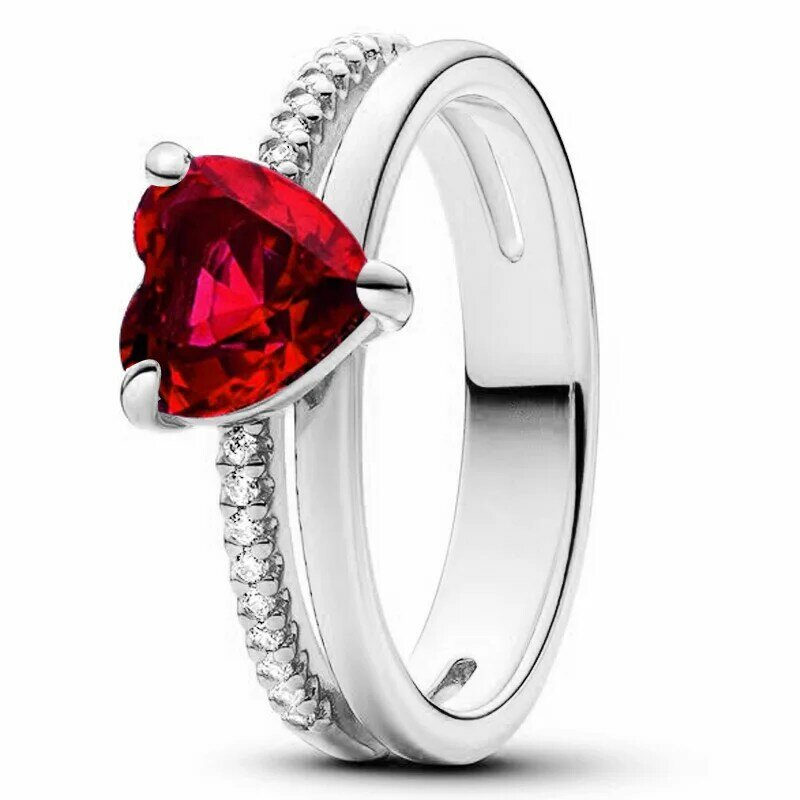 Authentieke 925 Sterling Zilveren Ring Gepolijste Golf Dubbele Band Met Rode Hart Parel Elegantie Ring Voor Vrouwen Cadeau Mode Sieraden