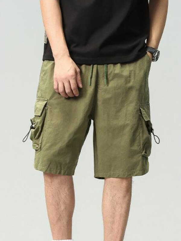 Calção monocromático masculino na altura do joelho, streetwear casual, bolso grande, estilo japonês, simples, macio, moda masculina, verão