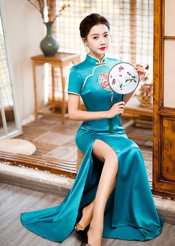 Gaun pesta wanita, Vinatge, gaya China, melakukan Qipao elegan wanita ukuran besar 5XL, Cheongsam, Vintage, panjang, gaun pesta malam