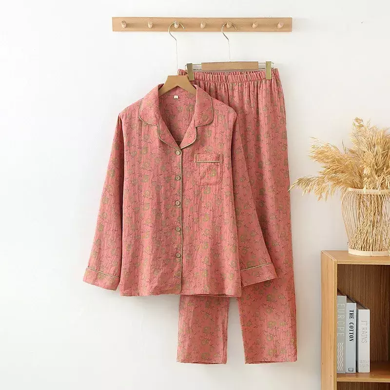 Frühling Herbst neue Damen Damen Pyjamas Set Vintage Blume bedruckte Baumwolle Turn-Down-Kragen Langarmhose Hauskleidung