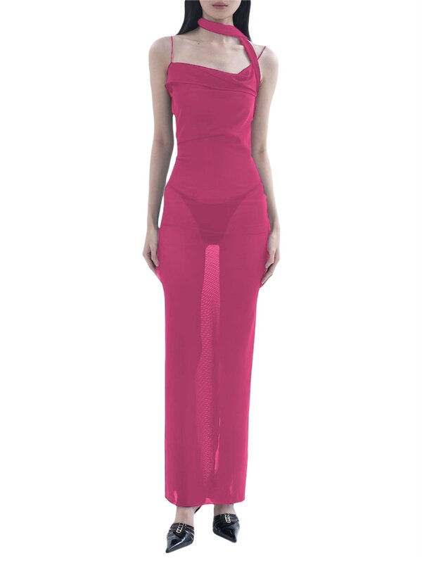 여성용 시스루 롱 드레스 바디콘 단색 민소매 슬링 칵테일 맥시 드레스, 여름 해변 파티 클럽웨어