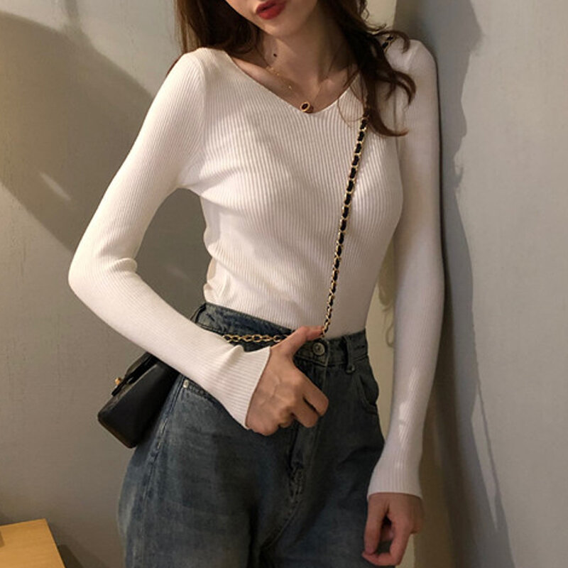 Korean V-neck Pullover Slim Sweater Lady Basic Slim Tops Autumn Winter Sweater Women Soft Warm Jumper Long-sleeve Knitwear 23961