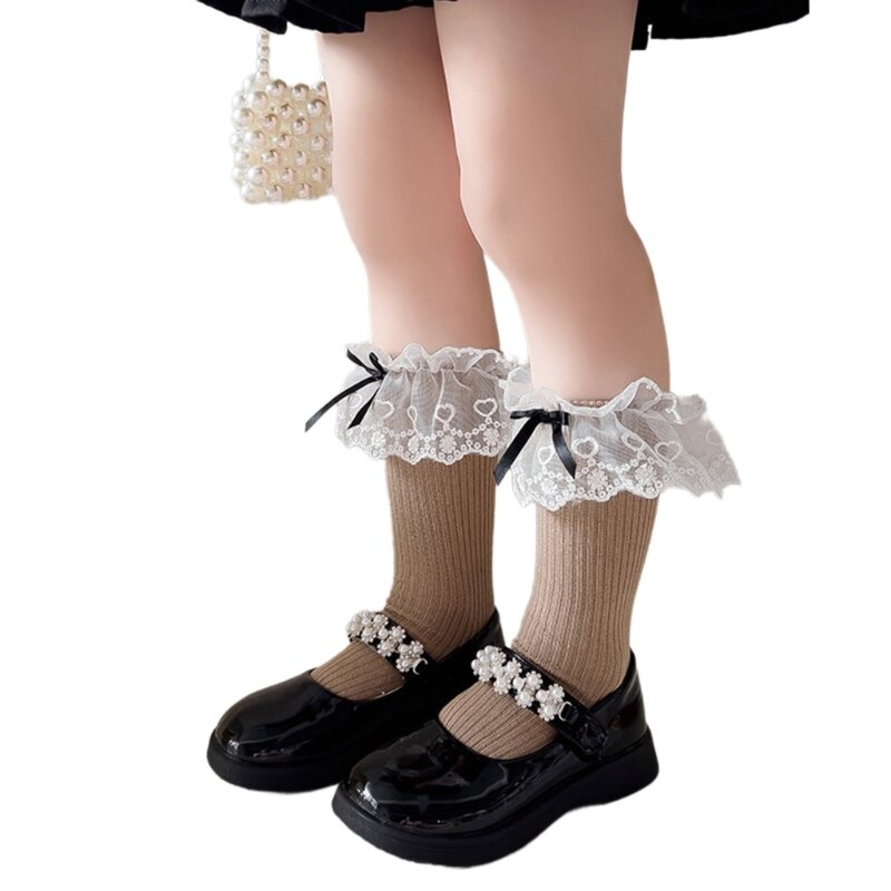 1 par meias elegantes renda panturrilha média para meninas, meias confortáveis ​​em tubo com decoração delicada